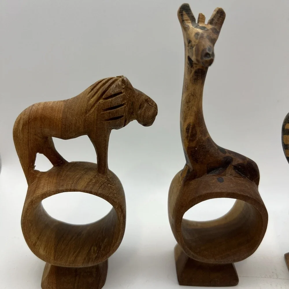 Set of 4 Vintage Hand Carved African Safari Animal Wooden Napkin Rings Footed